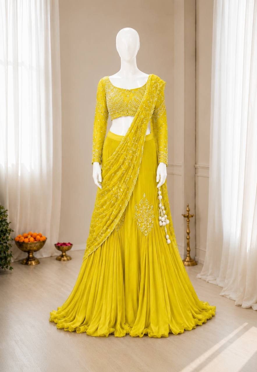 Haldi Ceremony Lehenga Style Saree Chinon Silk Wedding Mehndi Party Wear