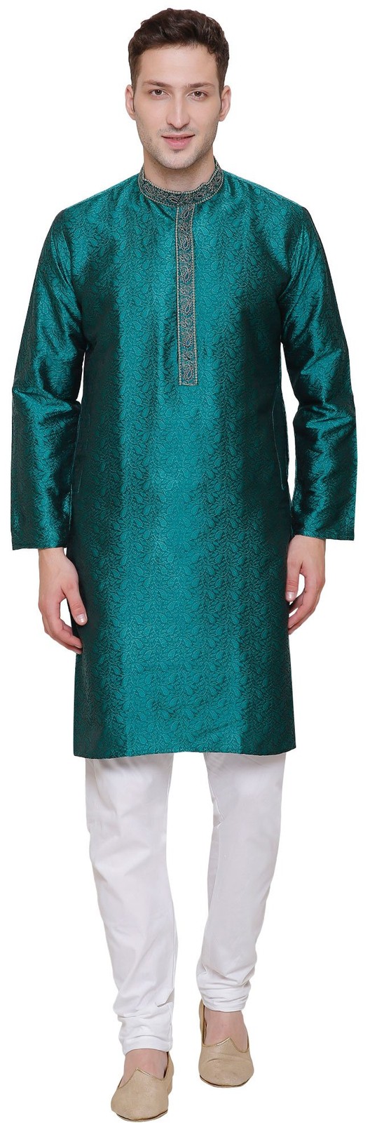 Poly Silk Men’s Kurta Pajama India Clothing Wedding Party Wear (Green, XL)