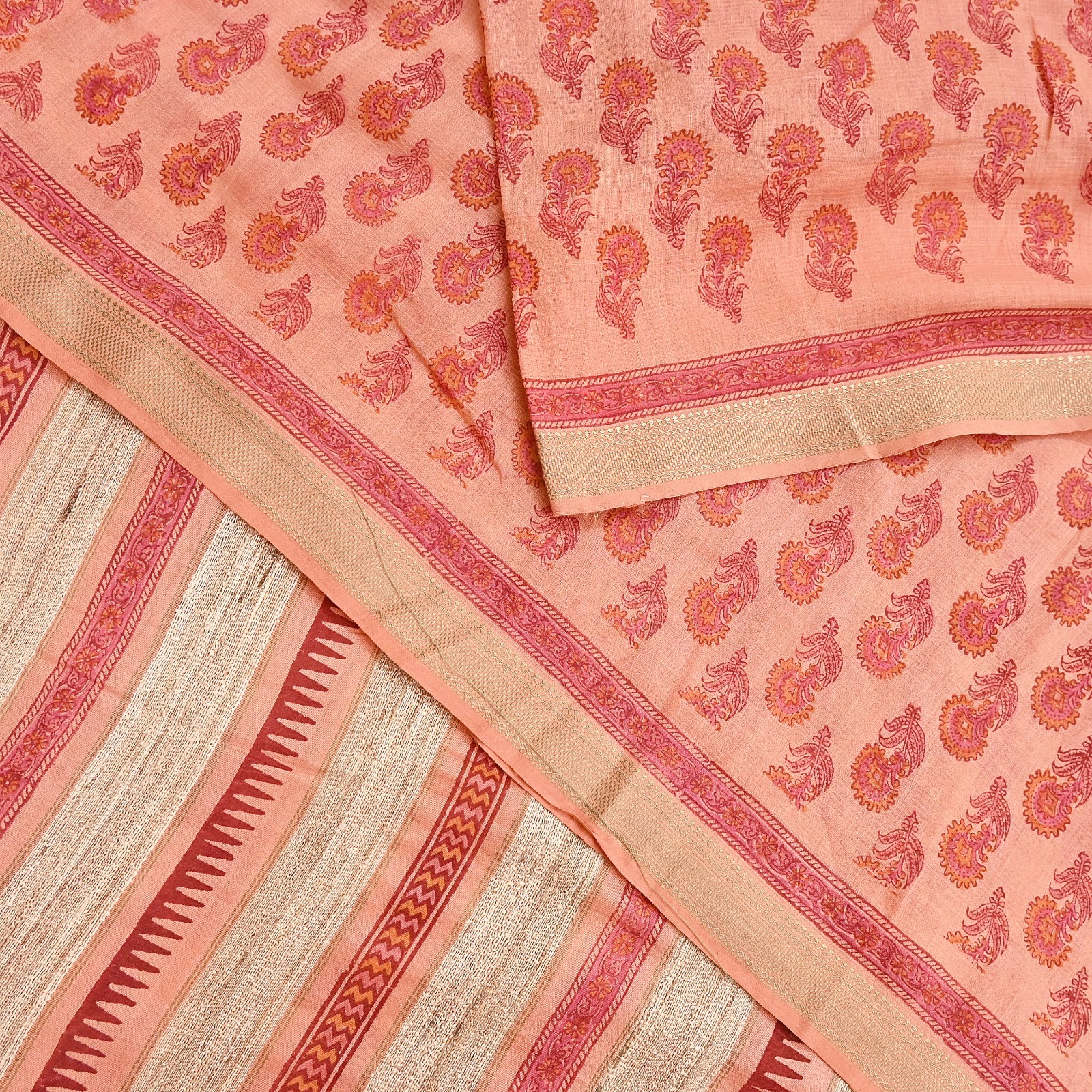 Indian Vintage Peach Block Printed Pure Chanderi Silk Saree Floral woven Border