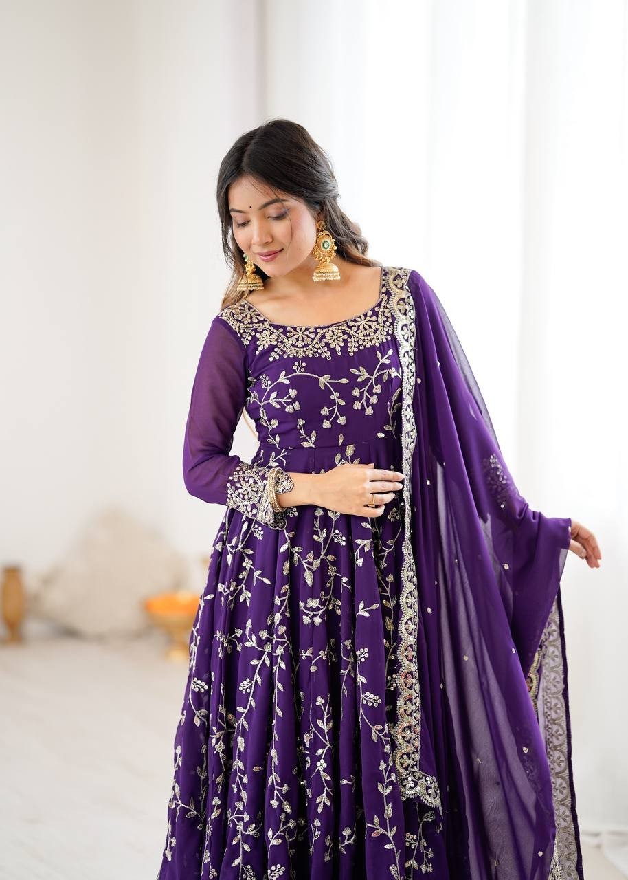 Elegant Purple Georgette Embroidery Sequins Work Flared Anarkali Gown 3 Pc Set