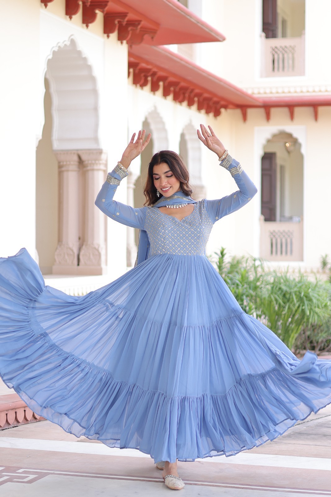 Indian Style Faux Georgette Blue Salwar Kameez With Dupatta For Women Wear