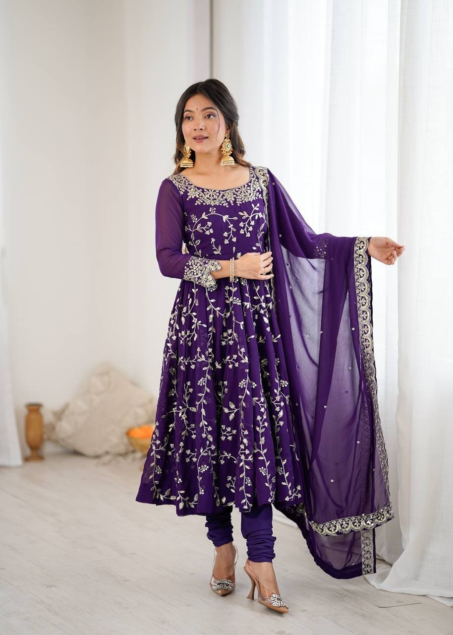 Elegant Purple Georgette Embroidery Sequins Work Flared Anarkali Gown 3 Pc Set