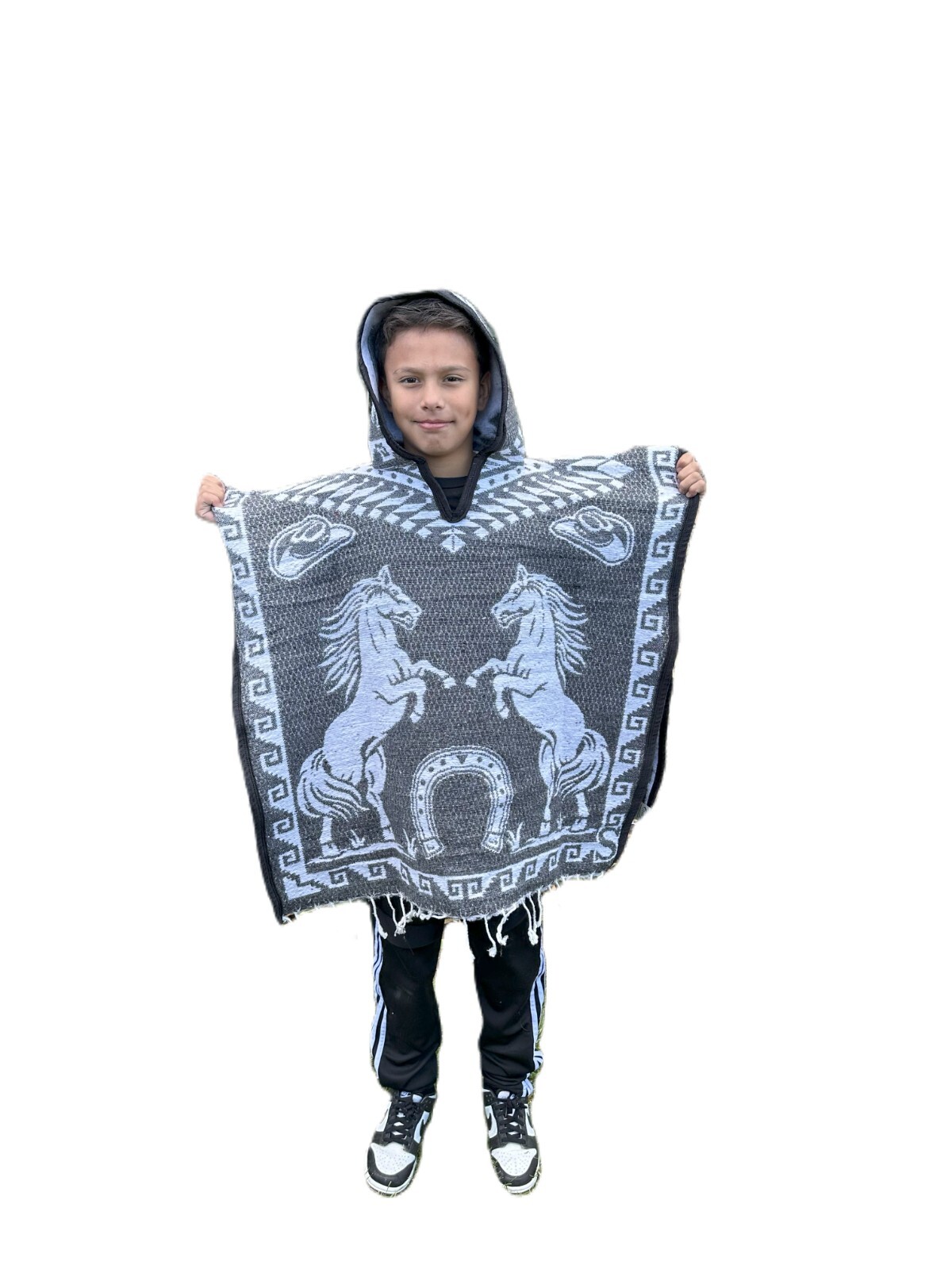 KIDS PONCHO, HOOD ,COSTUME , BLANKET GABAN ,6-12 YEARS , HORSES , GRAY
