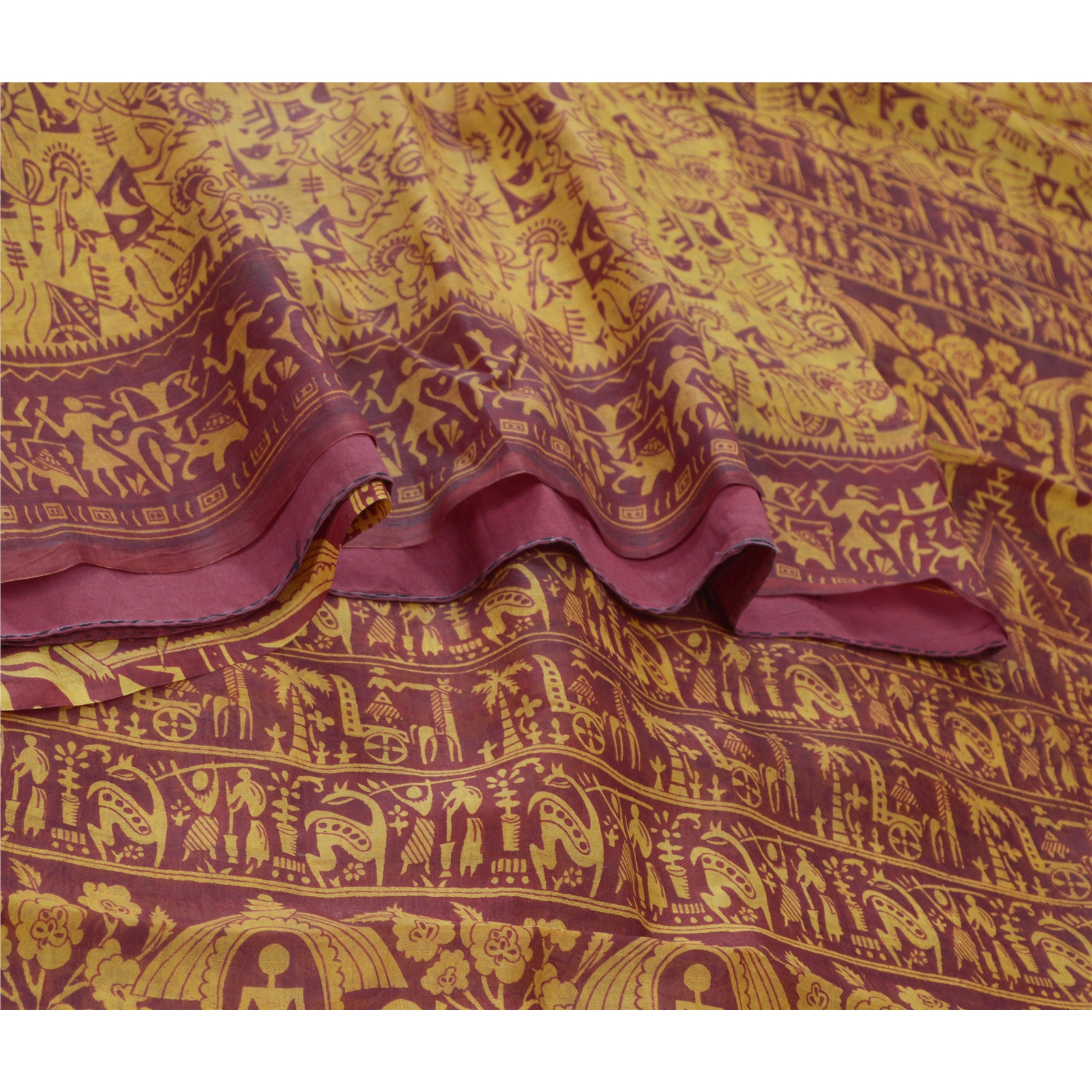 Sanskriti Vintage Yellow/Red Sarees Fabric Pure Silk Wali Art Printed Craft Sari