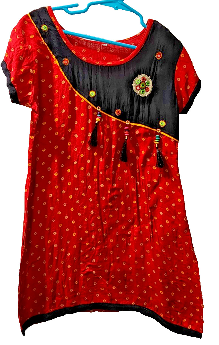 Girls size 4-6 Red, black, yellow kurti Embroidered, beaded tassles