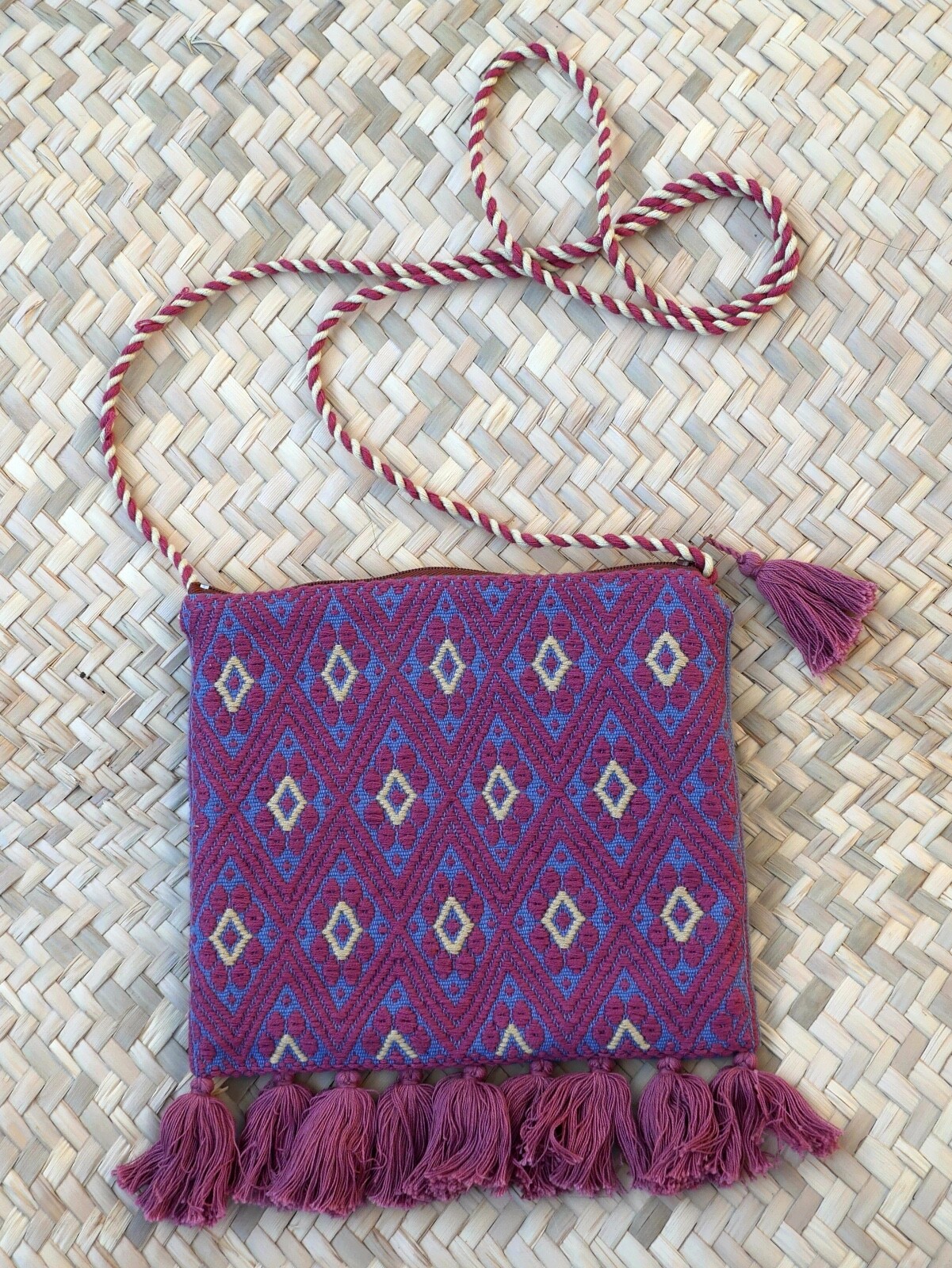 Shoulder Bag Morral Mayan Padded Rose Sand & Blue Handwoven Chiapas Mexico Boho