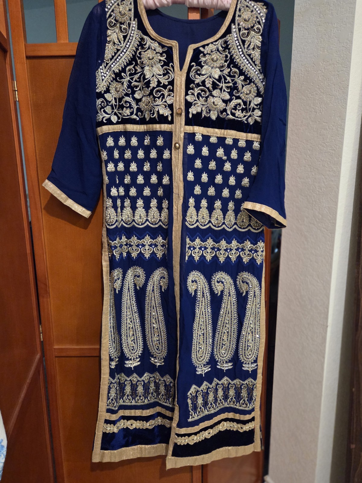 Women Blue & Gold Embroidered Kurta/Kurti Tunic Dress, Polyester