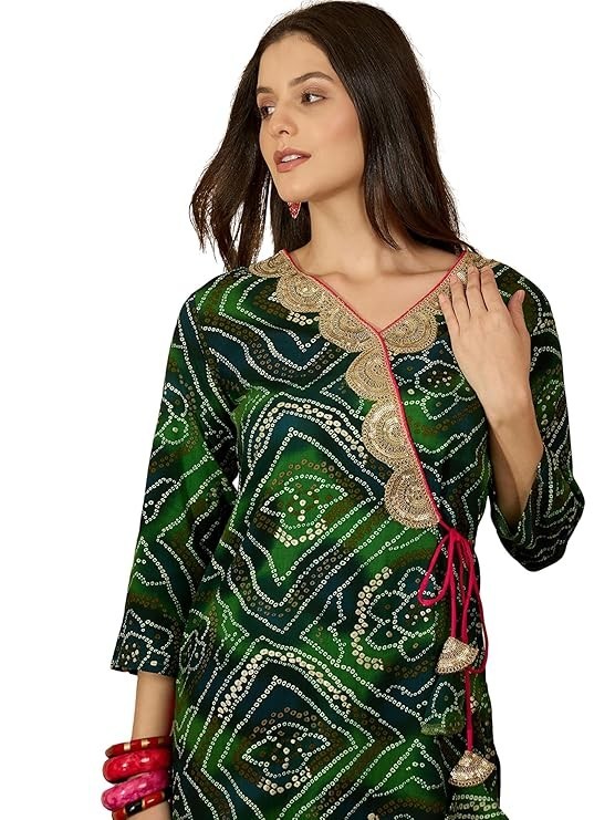 Women’s Pure Rayon Bandhani Print Embroidery Angrakha Knot Kurta | Wedding Kurt