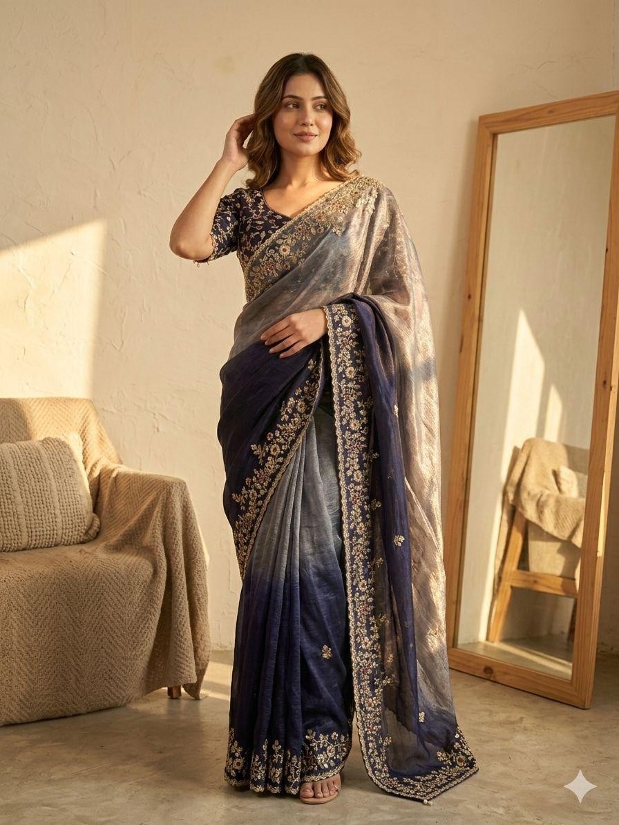 Designer Chiffon Saree sari Embroidery Party Wear Stitched Blouse wedding women