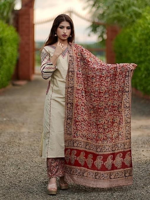 Women Rayon Beige Printed Indian Kurta With Pant & Dupatta ,Casual Salwar Kameez