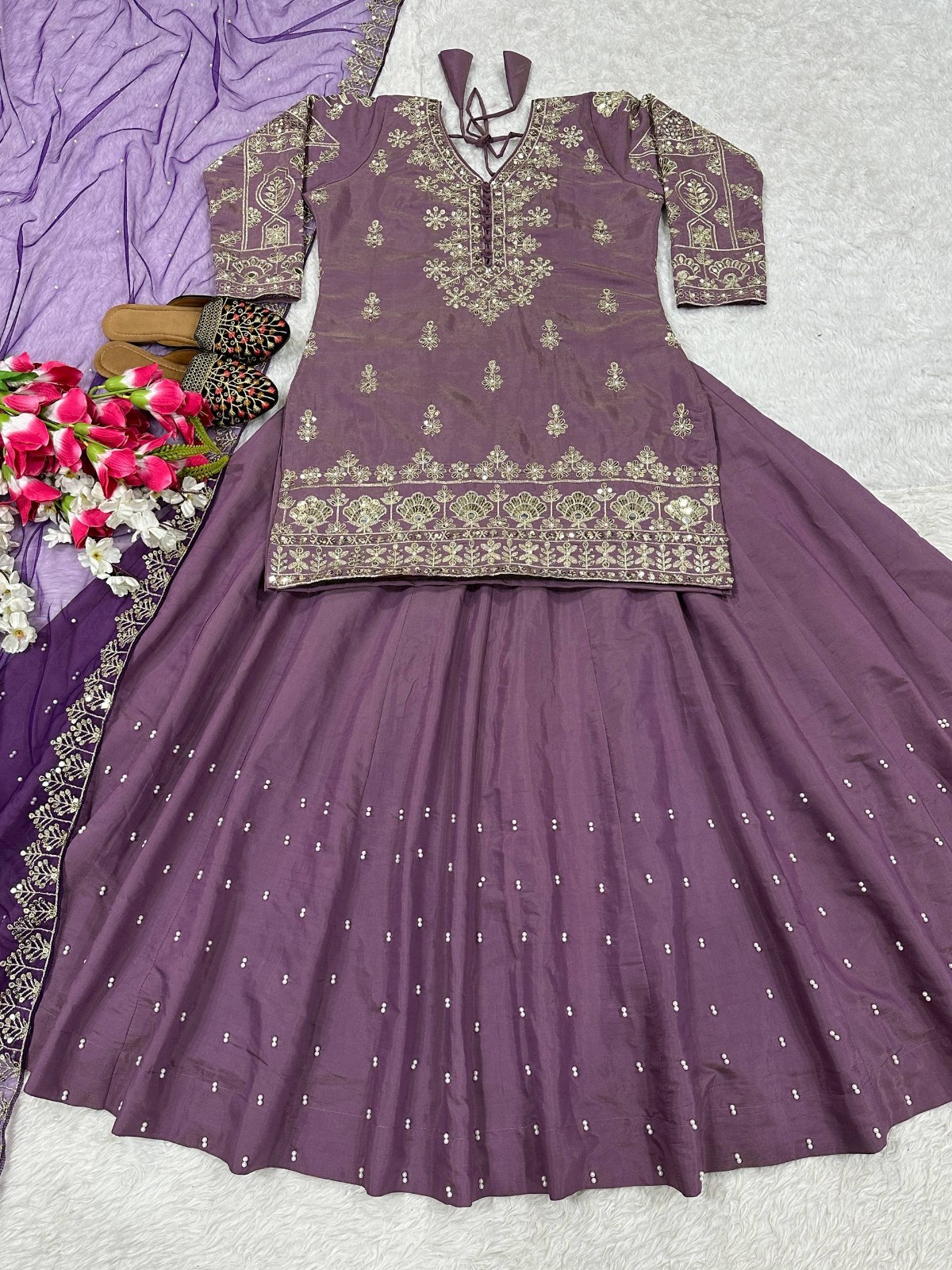 Stylish Look Simmer Silk Purple Top Lehenga With Dupatta For Function Wear