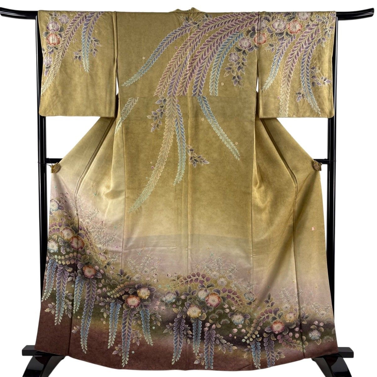 Houmongi Kimono Signed Gradation Light Ochre Silk 163cm M Lined Japanese Textile