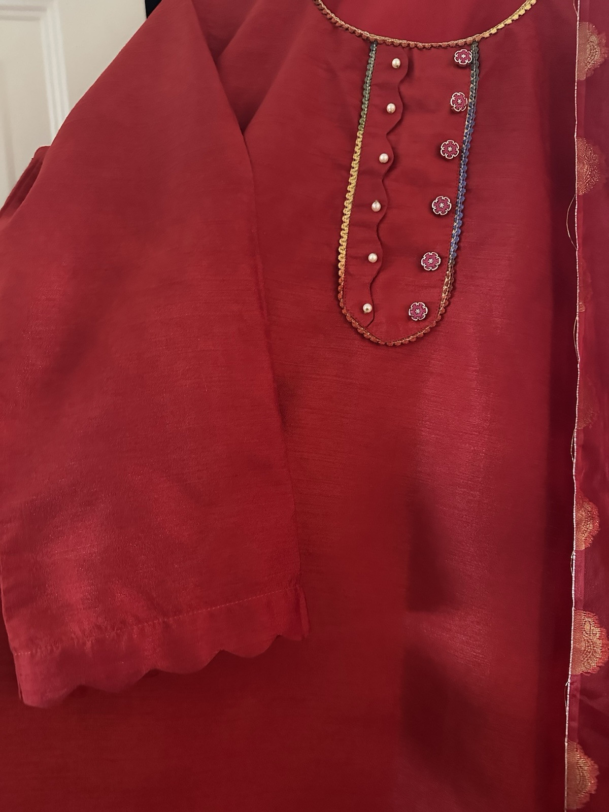 Red Raw Silk Solid Kameez Trouser With Organza Dupatta 3 Pc Sz XL