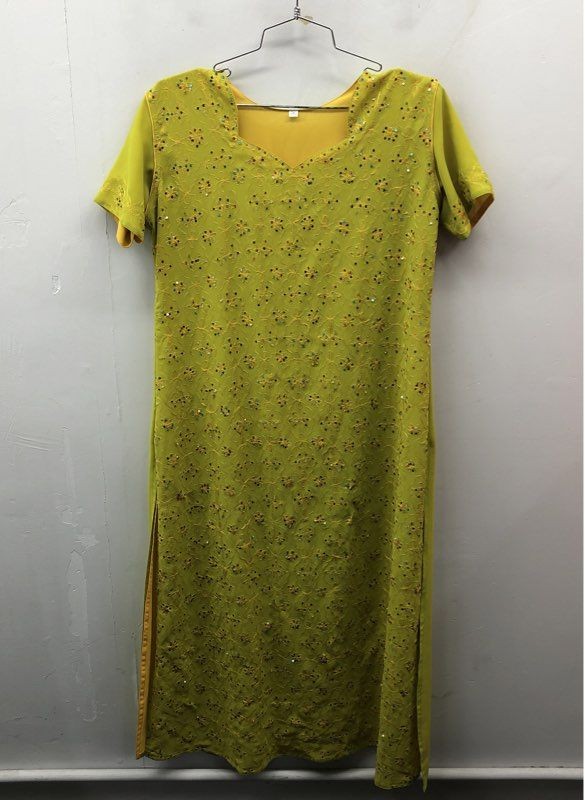 Women’s Lime Green Embroidered Sequin Kurta Tunic Dress Side Slits India Sz S