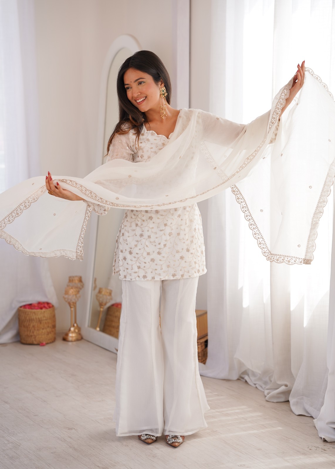 Readymade White Floral Embroidered Kurta Palazzo Dupatta Wedding Party Wear Set