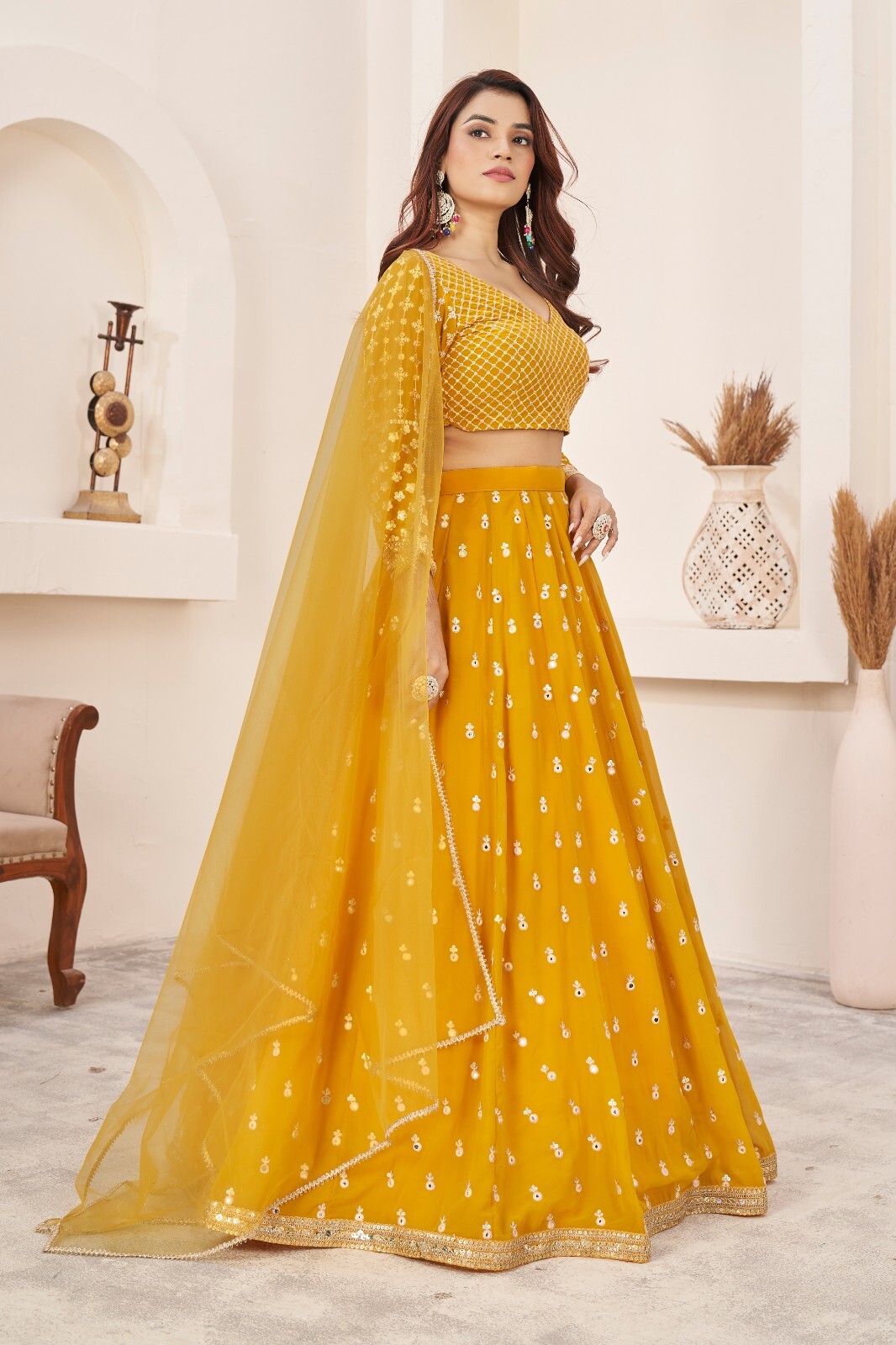 Women Fancy Yellow Georgette Thread With Sequence Embroidery Work Lehenga Choli