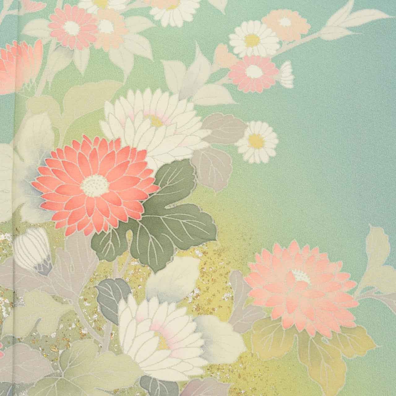 Vintage Japanese Kimono | Houmongi | Green Silk | Botanical | uu2526b