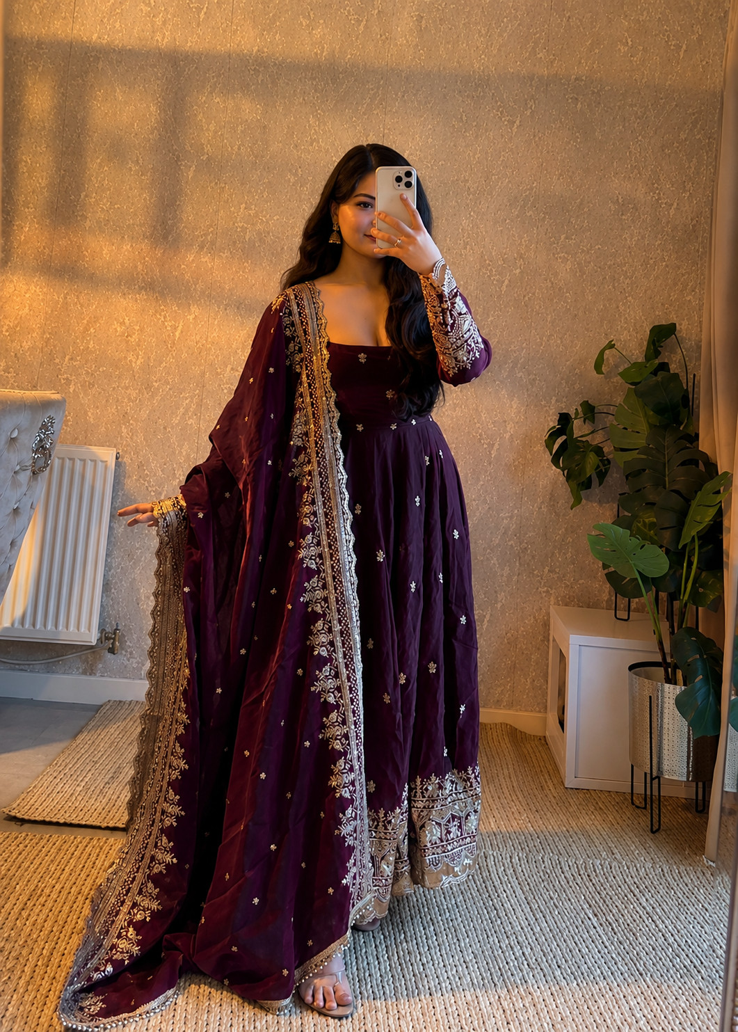 Wine Fendy Silk Heavy Embroidery Ready Made Anarkali Party Wear Dress XXL