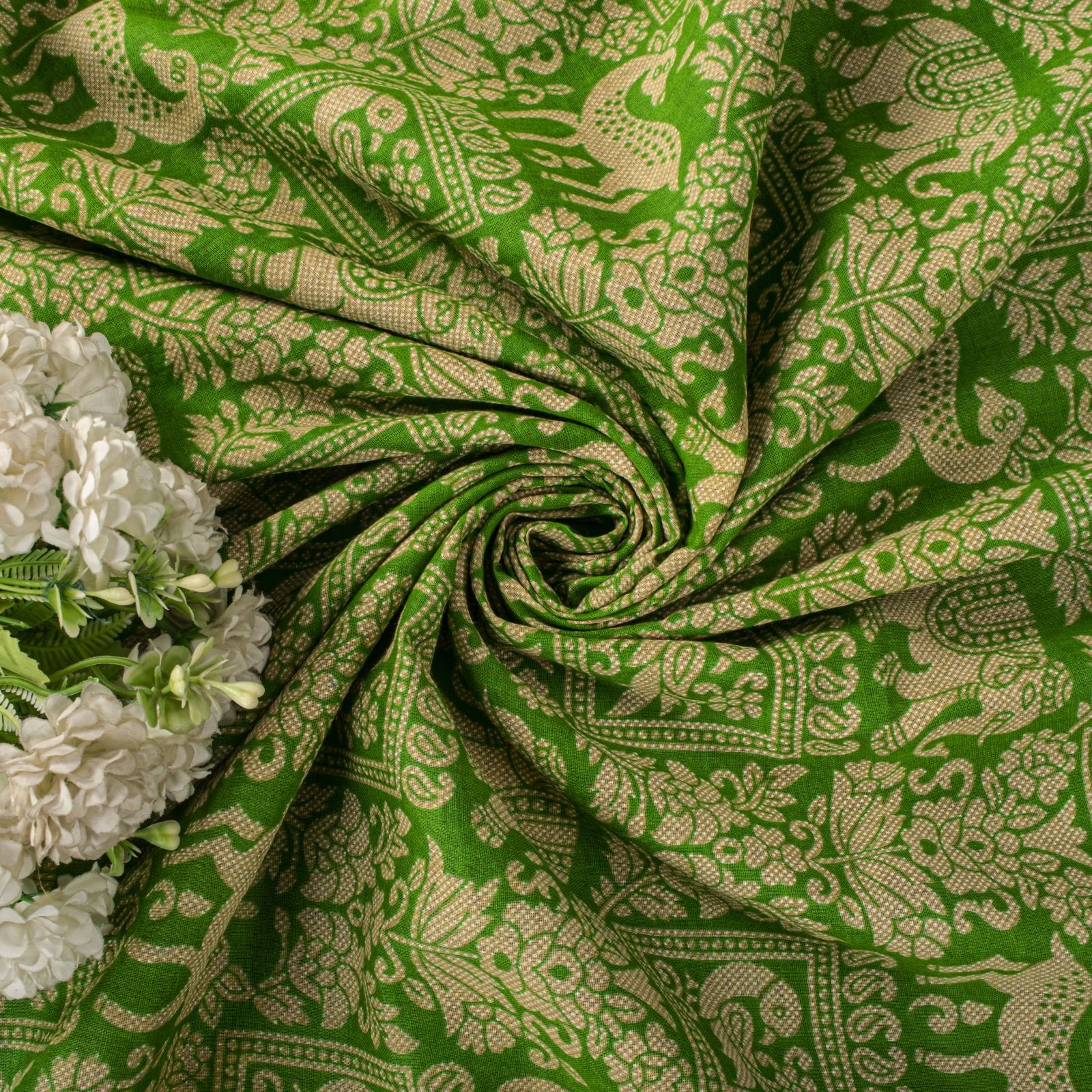 Sanskriti Vintage Saree Blue-Green Pure Cotton Animal Printed Craft Fabric Sari