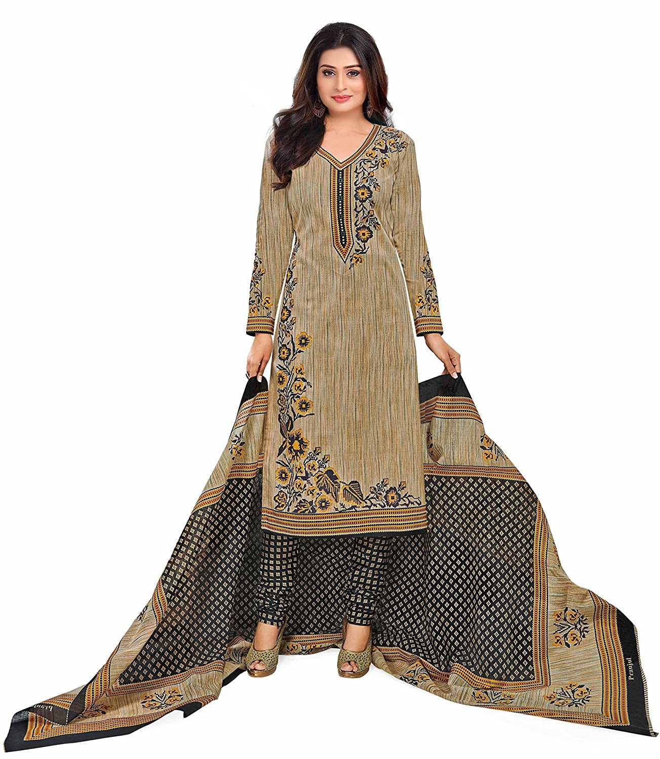 Miraan Cotton Printed Salwar Suit for Women Brown Readymade XL Size