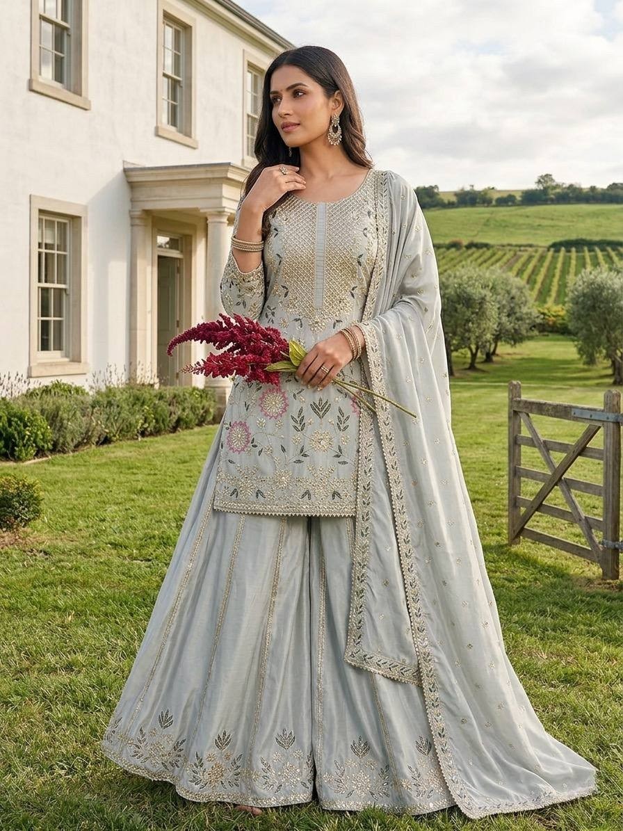 Premium Designer Light Blue Crepe Silk Kurta Palazzo With Dupatta For Women