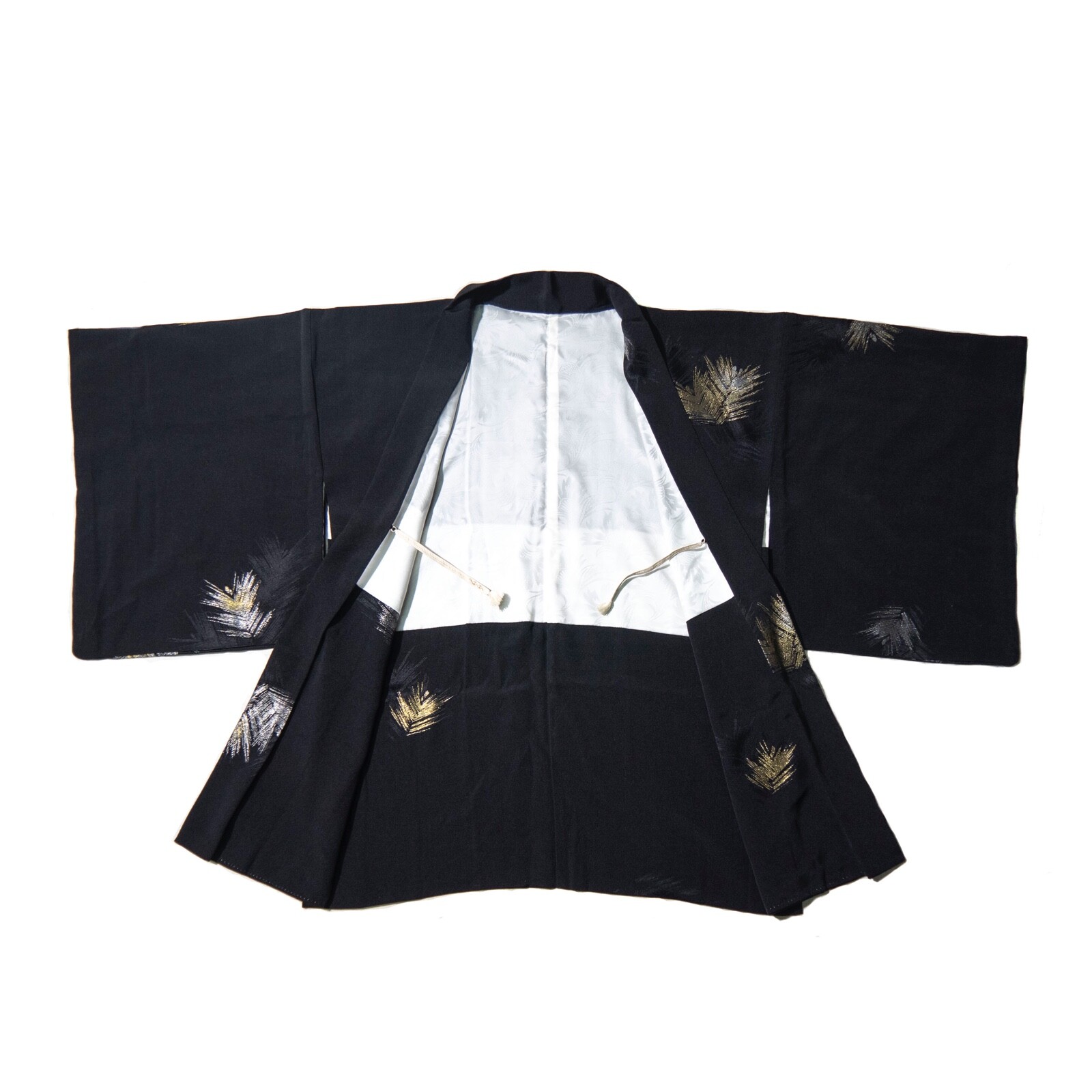 black gold and silver feather embroidered silk antique short kimono haori