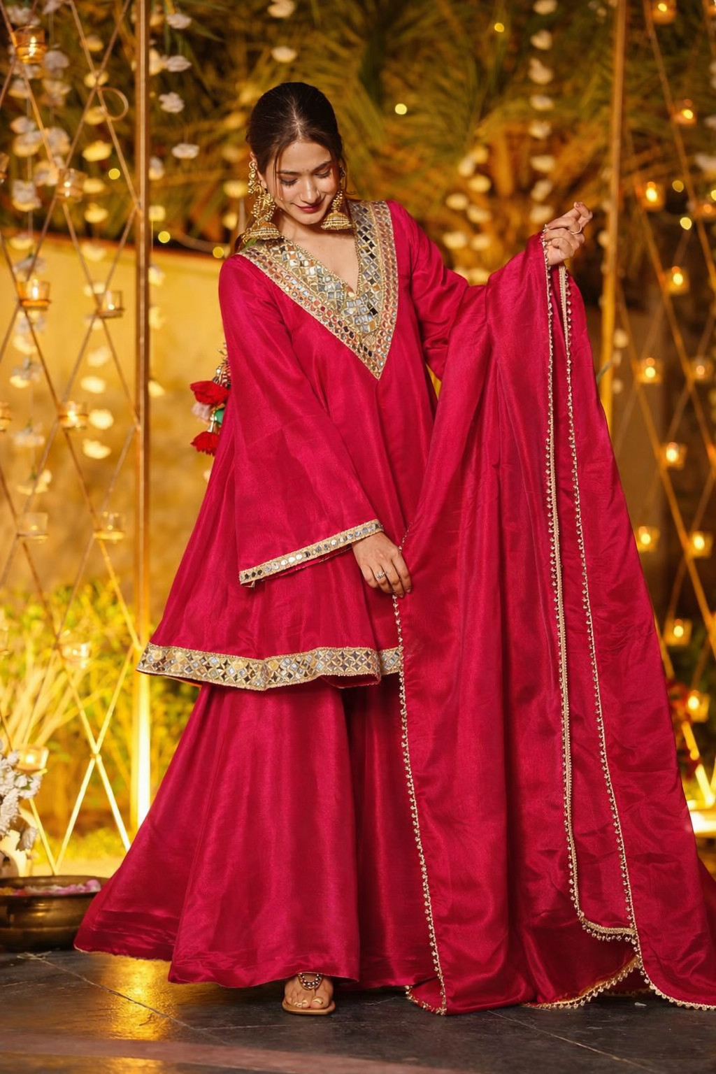 FESTIVAL SPECIAL REAL MIRROR WORK ON SILK FABRIC TOP AND PLAZZO WITH DUPATTA SET