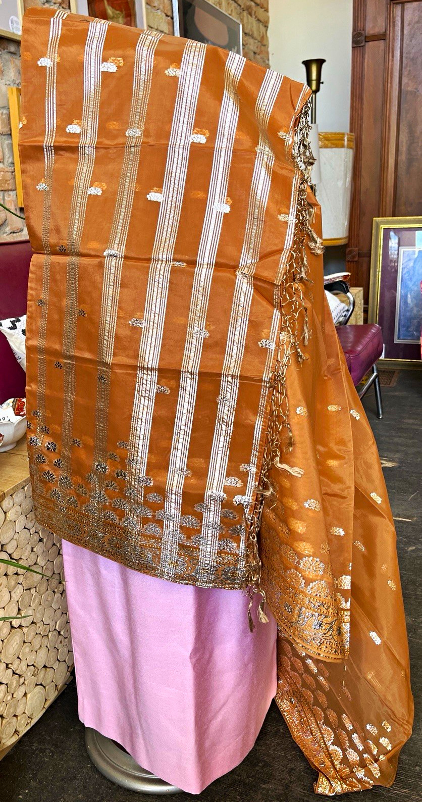 Vtg Fabric Karilin Sarees Rust/Silver Woven Nylon Zari Sari w/ Karims Bag 6 Yds
