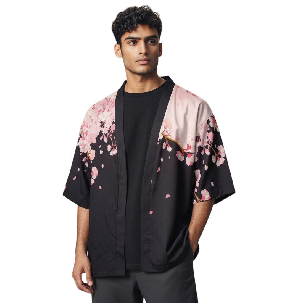 Manfinity sakura flowers cardigan kimono Men L/Blk+pink+whte floral/1/2 sleeve