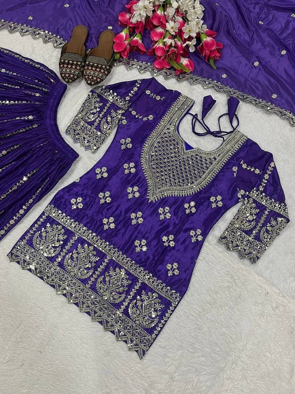 Stylish Heavy Chinon Silk Purple Top Palazzo With Dupatta For Festival Wear