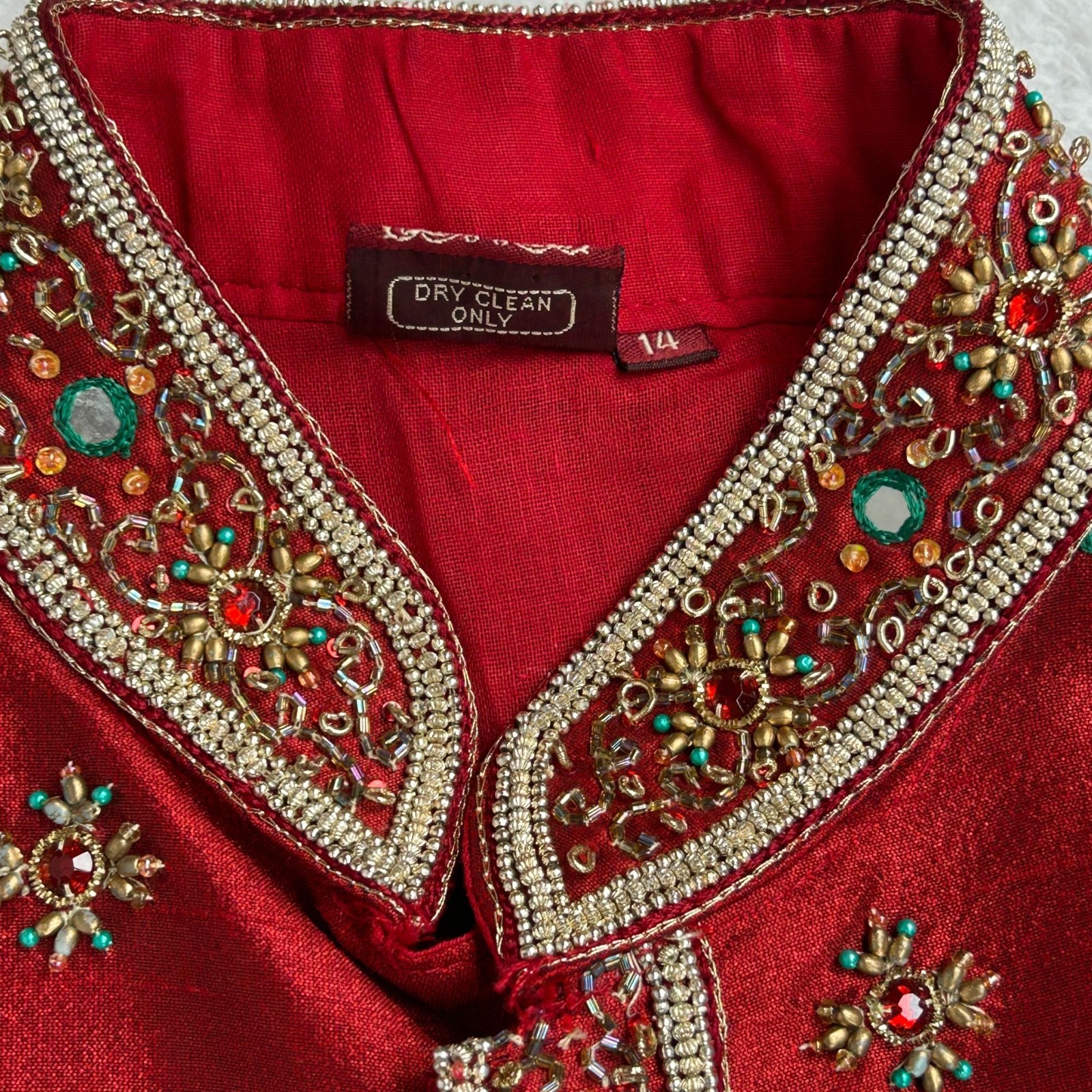 Vintage Satellite Mens Red Embellished Long Kurta Size 14 Long Sleeve Pockets