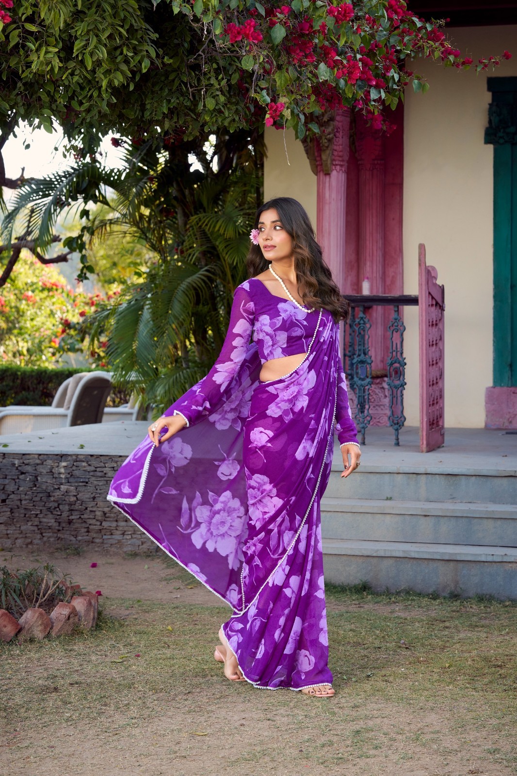 Indian Chiffon Floral Printed Saree Pearl Lace Border Ethnic Wear with Blouse
