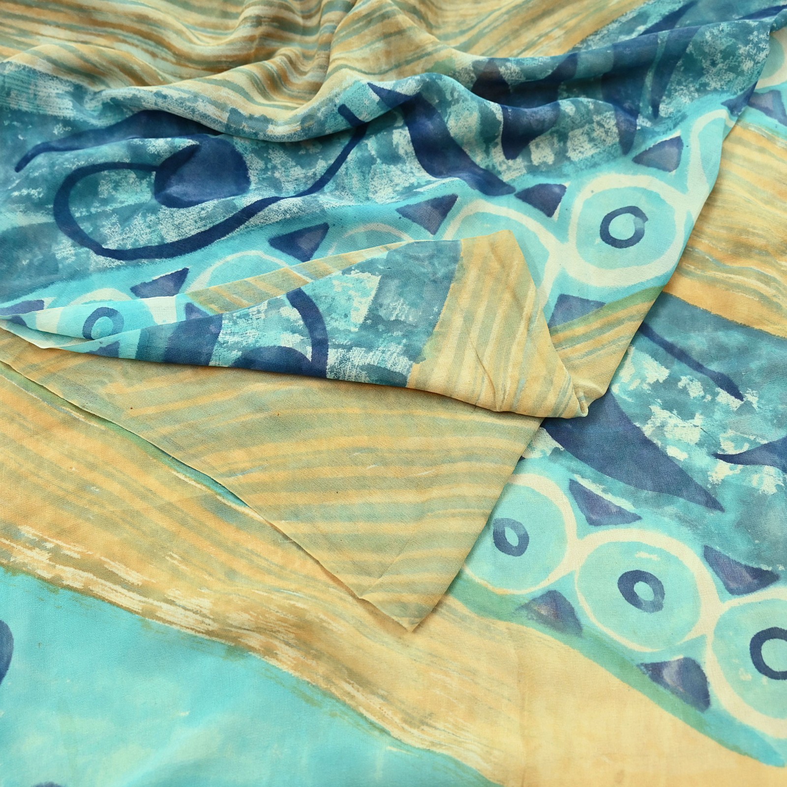 Vintage Sari Beige & Green Pure Georgette Silk Block Printed Saree Craft Fabric