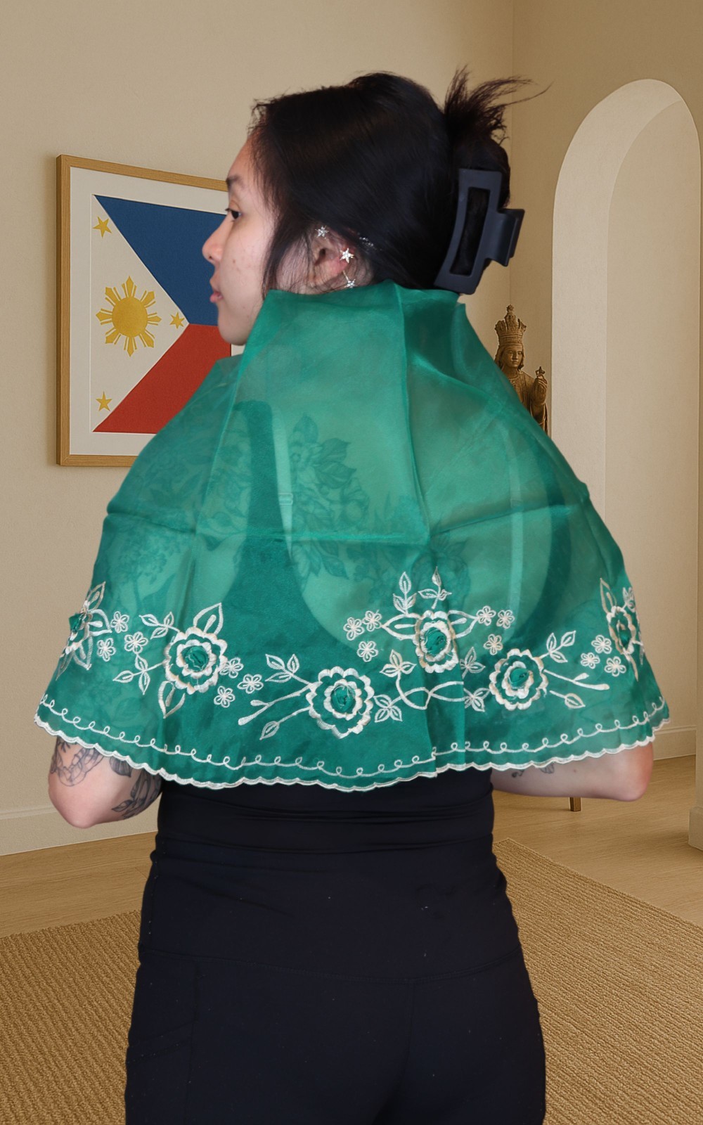 Handmade Kapamilya Alampay | Embroidered Organza Shawl for Women