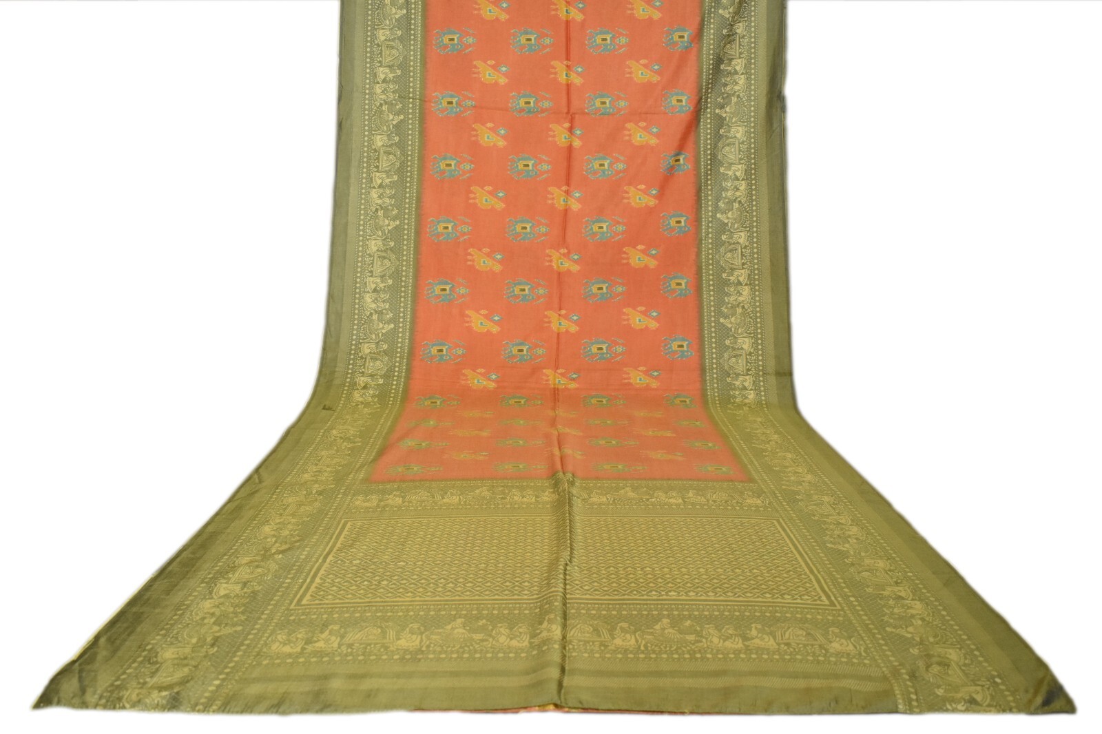FNC Vintage Saree Indian Orange Hand Woven Ikat Blend Silk Sari Craft Fabric 5Yd