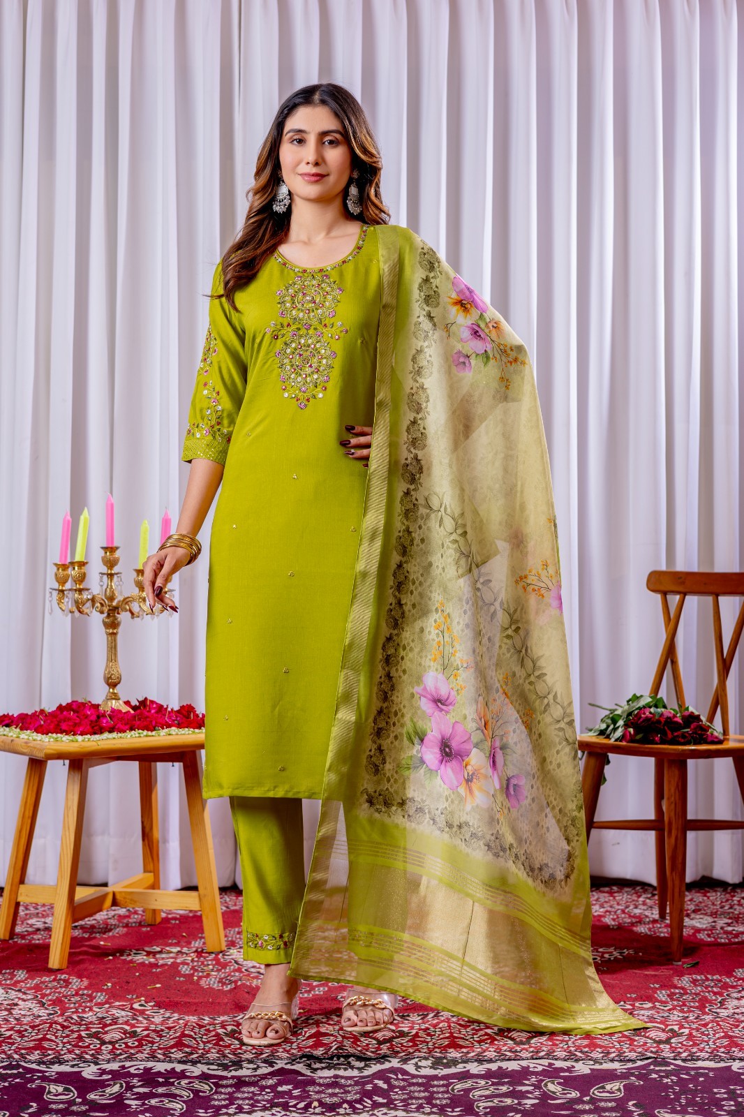 Bollywood Style Women Kurta Pant Dupatta Set | Indian Pakistani Ethnic Kurti L