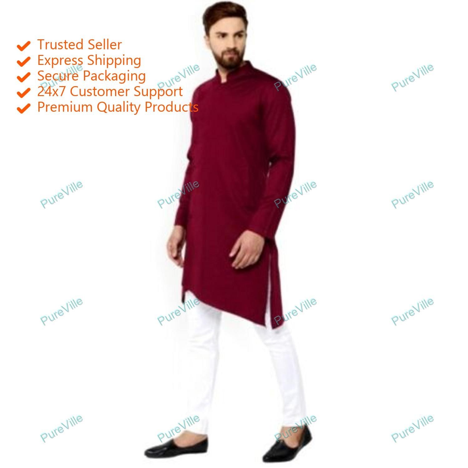 Mens Kurta Solid Cotton Handmade Red Long Sleeves Mens Casual Shirt Kurta