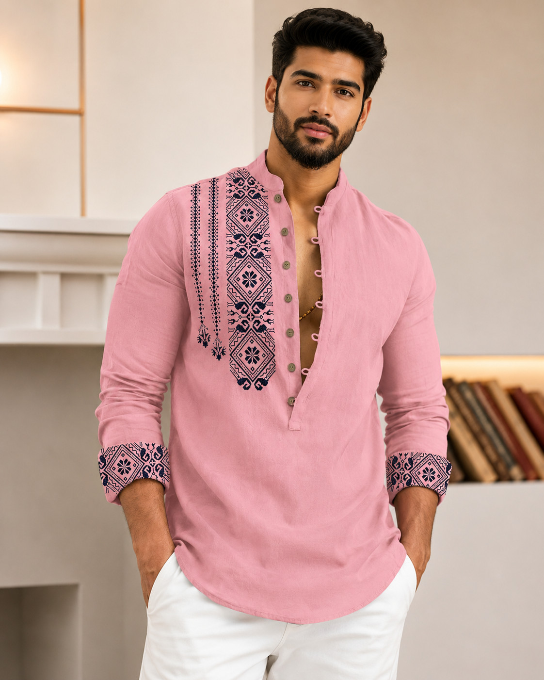 Men’s Casual Kurta Shirt Mandarin Collar Embroidered Cotton Blend Regular Fit