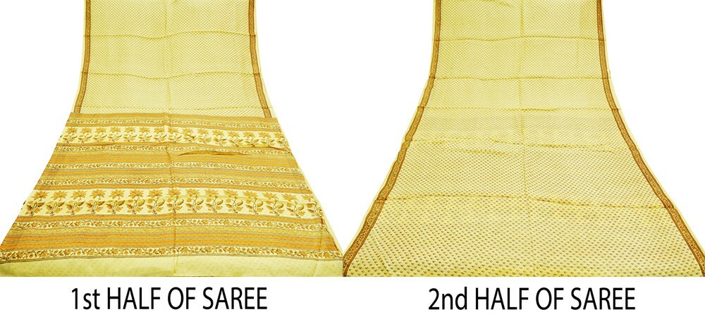 Indian Vintage Sari Beige Pure Silk Printed Sarees 5yd Sewing Craft Fabric Soft