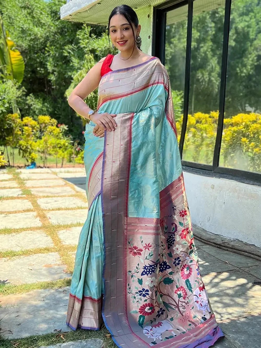 Women Aqua Blue Paithani Silk Pichwai Woven Saree With Unstitched Blouse Piece