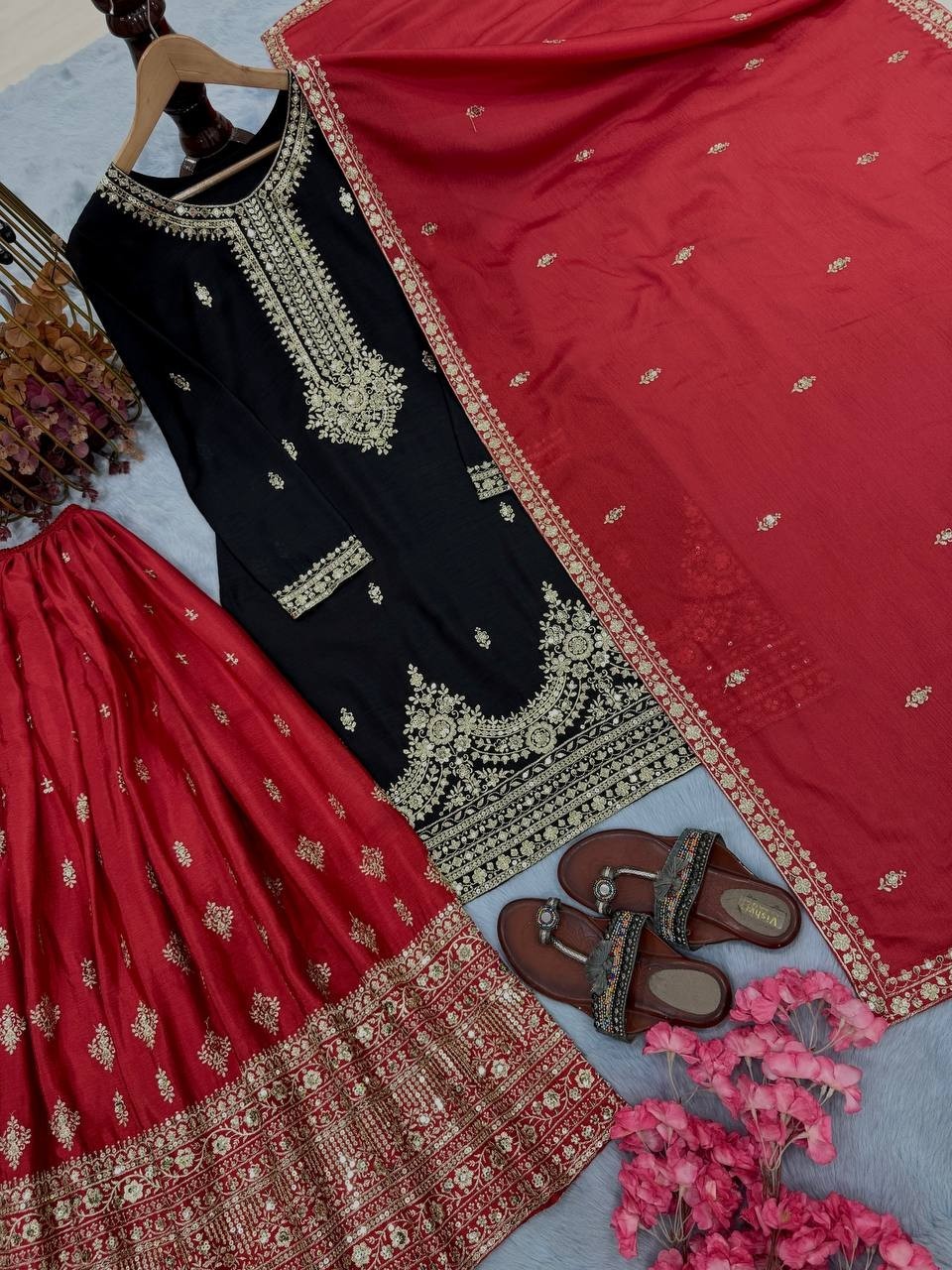 Beautiful Look Black Chinon Silk Kurta Palazzo With Dupatta For Women & Girls