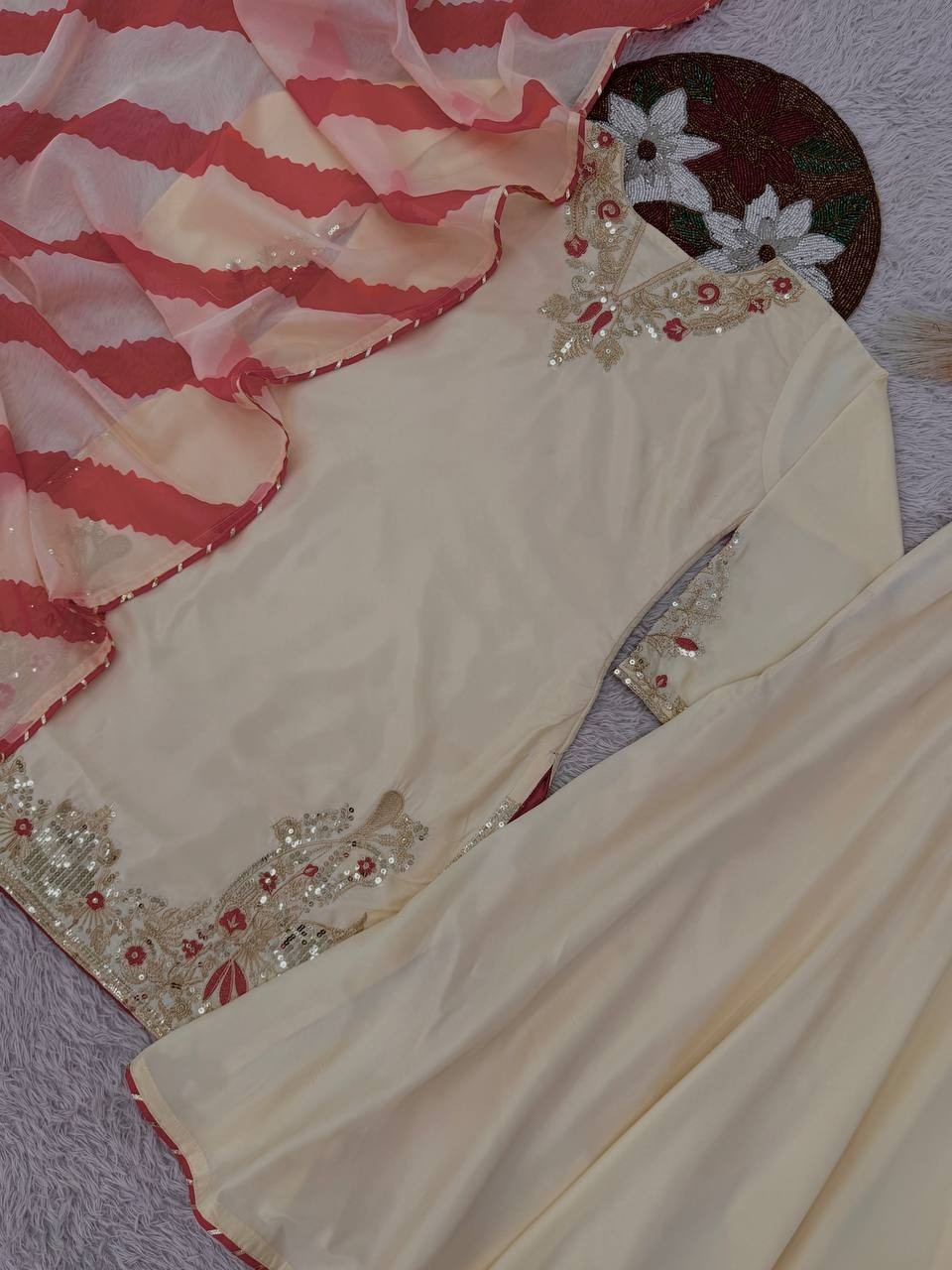Latest New Off White Crepe Silk Kurta Palazzo With Organza Dupatta For Women