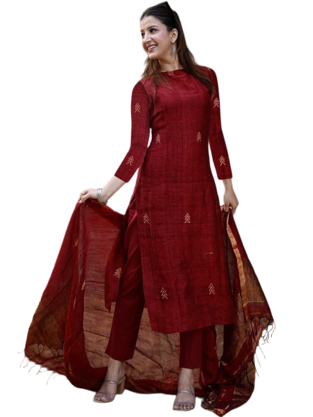 Pure Cotton Maroon Kurta Pant Set with Dupatta for Women