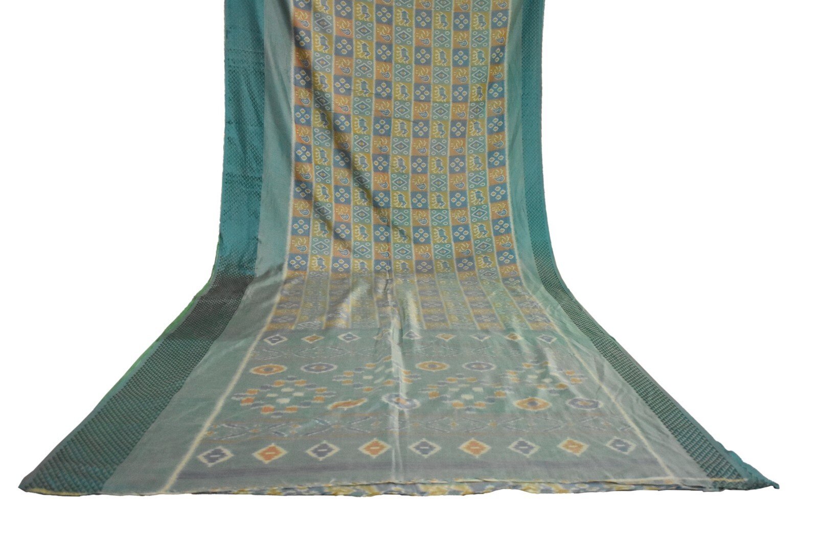 FNC Vintage Green Sambalpuri Ikat Sarees Handwoven Art Silk Sari Fabric Antique