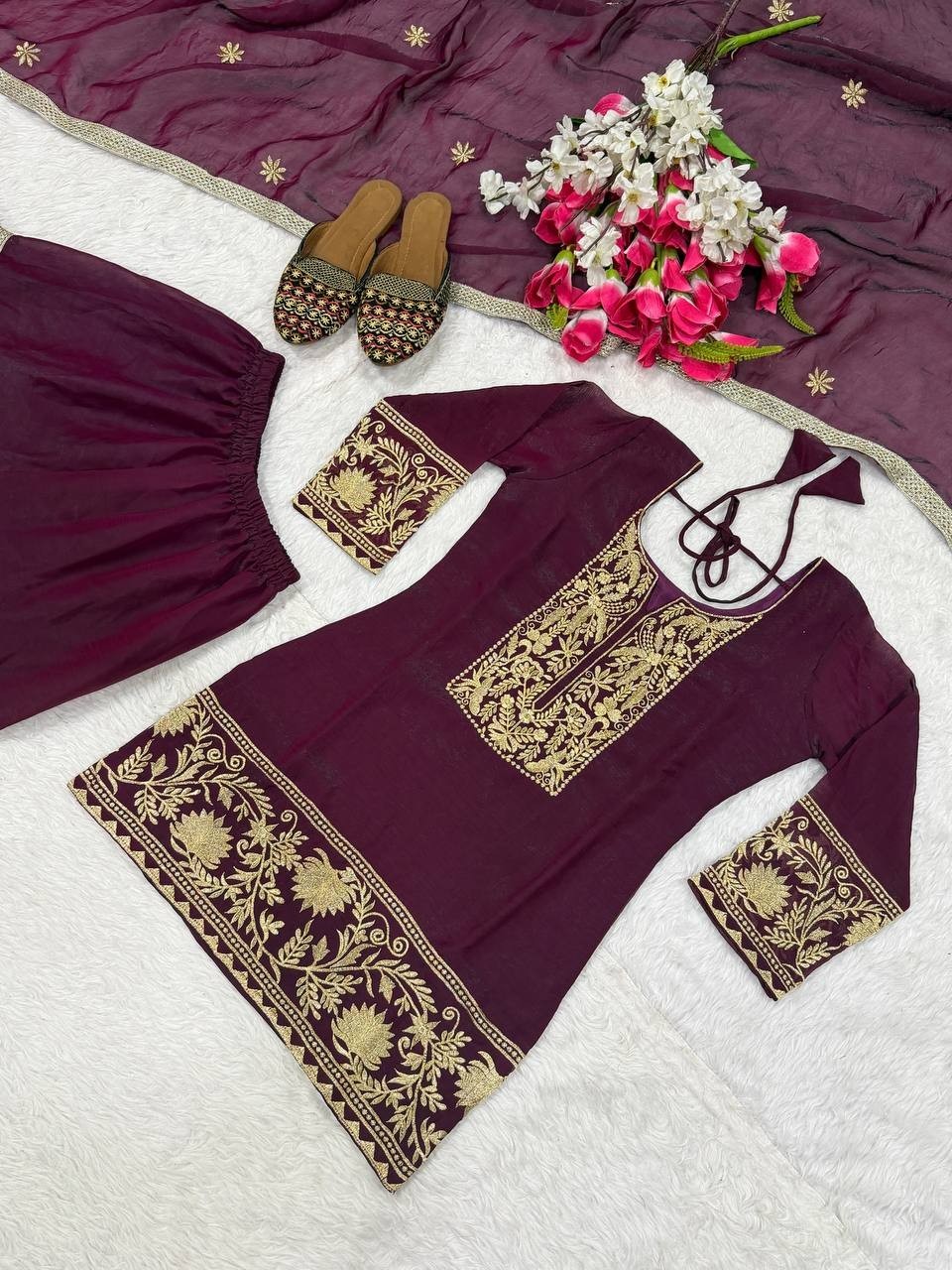 Stunning Look Maroon Silk Kurta Palazzo With Dupatta For Women & Girls