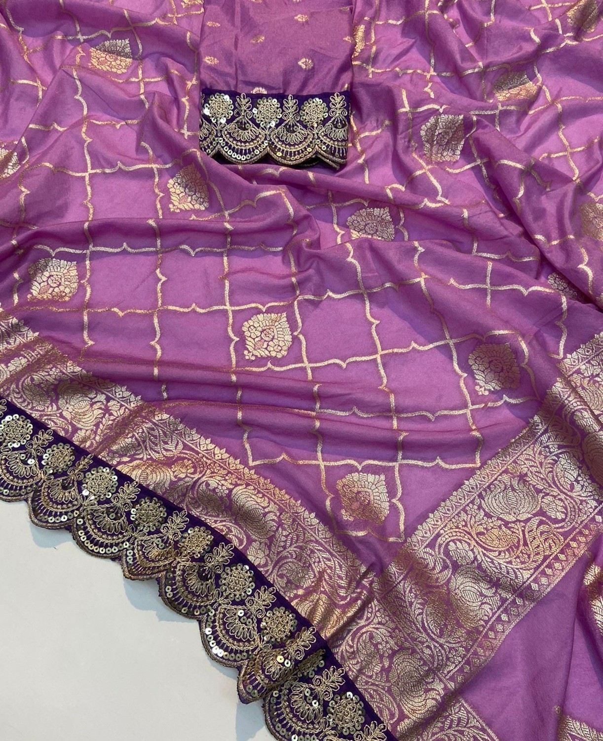 Luxury Khadi Pattu Crepe Silk Saree, All-Over Zari Design, Scalloped Lace Borde
