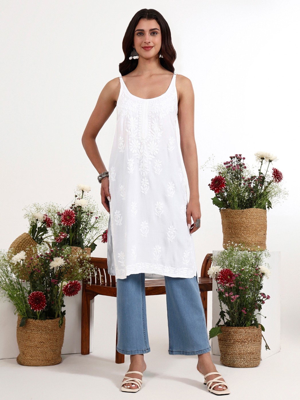 Women’s White Chikankari Sleeveless Kurti Embroidered Summer Tunic Ethnic Top