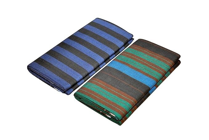 Cotton Black Striped Stitched Lungis for Men/2.00 Mtr ( Violet/Green )