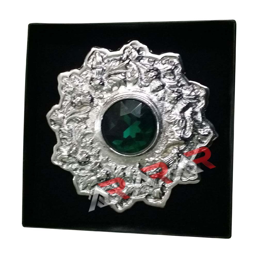 Scottish Kilt Brooch Fly Plaid Highland Thistle Emblem Sea Green Stone 4″ AAR