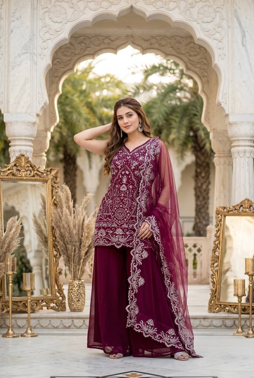 Fancy Designer Pink Star Georgette Top Palazzo With Dupatta For Wedding Wear